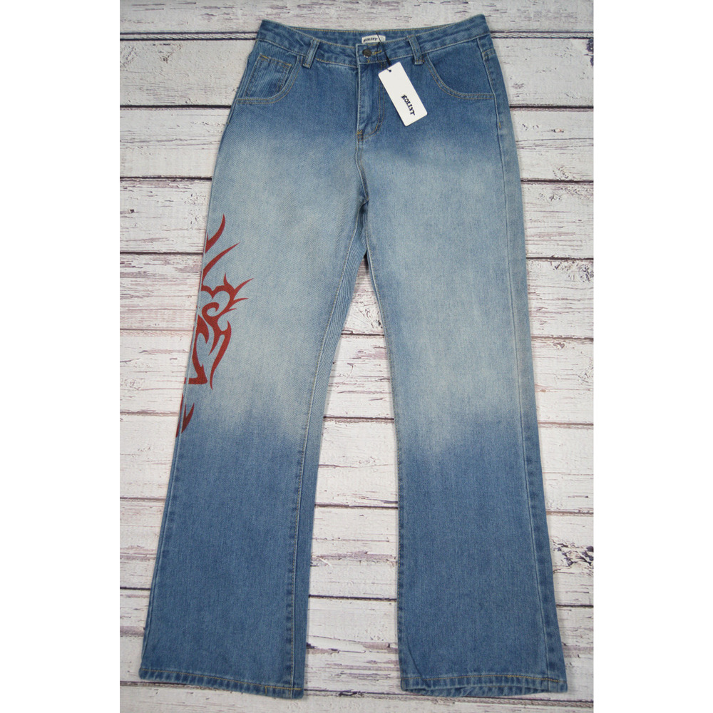 Kollyy Loose Flare Leg Jeans with‎ Graphic Women Size Large Brand New with Tags